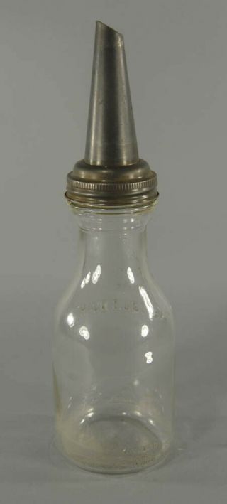 Vintage Motor Oil Gas Service Station Quart Oil Embossed Glass Bottle W/ Spout