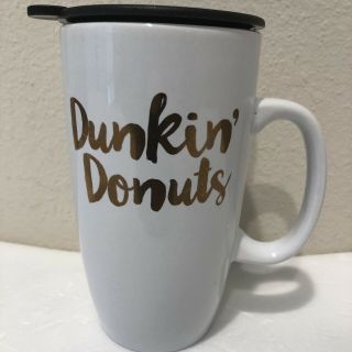 Dunkin Donuts " Dd " Tall White Ceramic Travel Mug W/lid 16 Oz