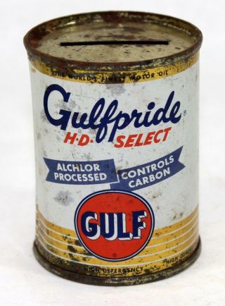 Vintage Miniature Gulf Gulfpride Hd Select Motor Oil Can Coin Tin Metal Bank 13