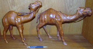 Set Of Two Vintage Leather Wrapped Dromedary Camel Figures W/ Reins; Pair