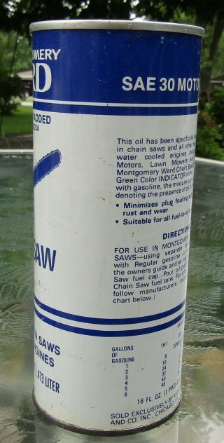 1970s Montgomery Ward Chain Saw Oil FULL 16 oz.  Can SAE 30 Mower Snowmobile look 2
