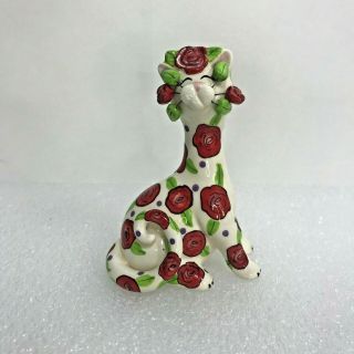 Whimsiclay By Amy Lacombe Cat Bud Vase Rosetta White With Roses 4.  75 Inches High