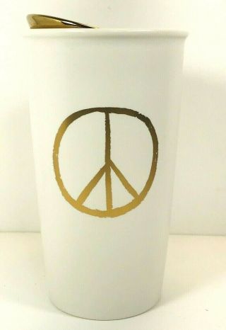 Starbucks Gold Peace Sign Travel Mug Ceramic Tall Cup 12 Oz 2015 White Holiday