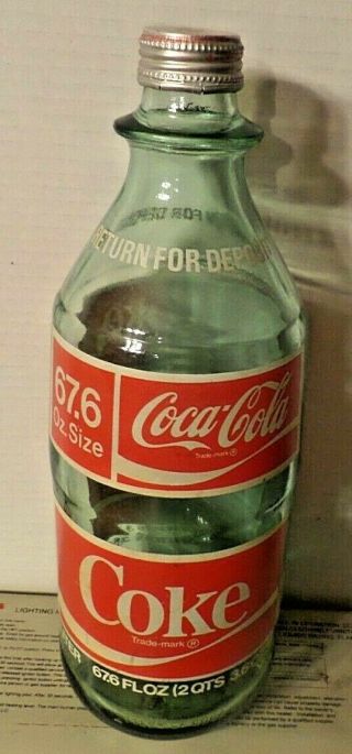 Vintage Coca Cola Bottle 2 Liter 67.  6 Fl Oz - Green Glass With Cap