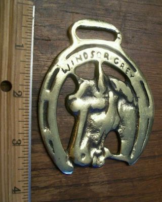 Windsor Grey Horse & Horseshoe Brass Bridle Badge Medallion