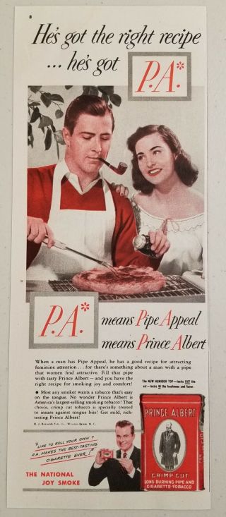 1949 Print Ad Prince Albert Tobacco Pretty Lady & Man Smoking Pipe & Grilling