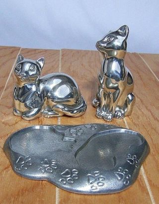 Lenox Cat Salt & Pepper Shaker Set Vintage Pewter Holloware with Tray 3