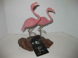 Flamingo Pair John Perry Burlwood Statue Sculpture 6 - 1/2 " Tall Signed 