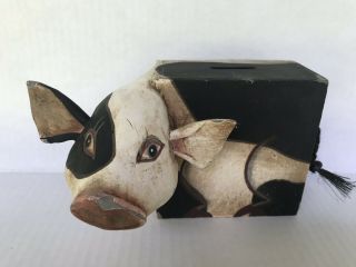 Vintage Wood Hand Painted Very Rustic Cow Figurine Country Side Farm 4 " Long