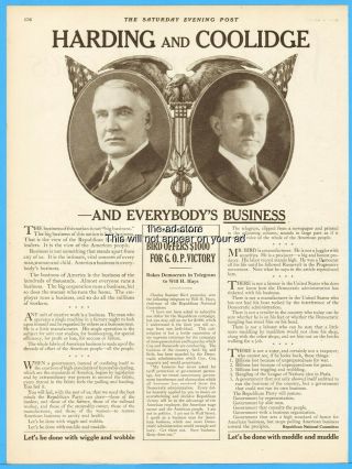 1920 Presidential Election Warren G Harding Calvin Coolidge Republican Gop Ad