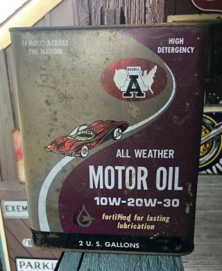 Vintage All Weather Motor Oil Can Two Gallon Car Graphic Empty