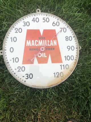 Vintage Macmillan Oil Round Thermometer Sign Glass Dome Face Old
