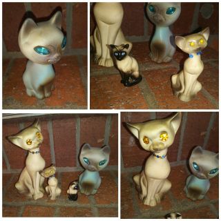 4 Vintage Bisque Siamese Cat Kitten Figurine Statue Jeweled Eyes/collar Japan