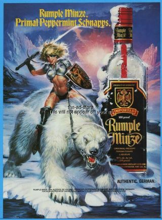 1993 Rumple Minze Schnapps White Polar Bear Sexy Women Warrior Pin - Up Art Ad