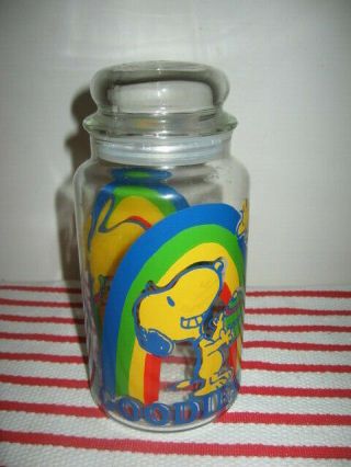 Vintage Snoopy Goodies Jar 1965 Rainbow Peanuts Candy Canister 8.  25 " Tall