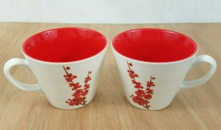 Starbucks Coffee Cup Mug Red Cherry Blossom 12 Oz Cup Floral 2 Pc Set 2008 Red