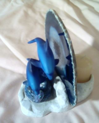 2 Dolphins Ceramic Figurine Blue Agate Slice,  Vanilla Candle Holder