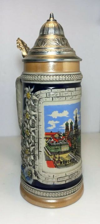 Vintage German Beer Stein “münchen Marienplatz” Lidded Mug Painted Collectible