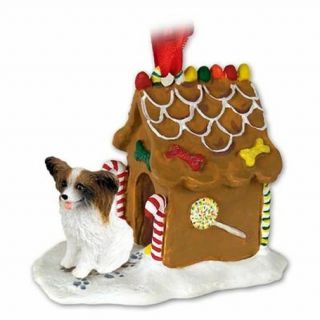 Papillon Brown White Dog Ginger Bread House Christmas Ornament