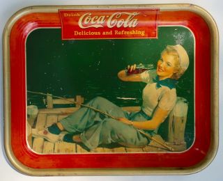 1940 Coca - Cola Tin Lithograph Advertising Serving Tray Girl Fishing Coke Tray