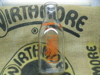 1953 Otis Dairy Farm Square Pyro Quart Store Dairy Milk Bottle.  Bridgton,  Maine