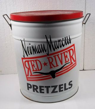 Vtg Metal Tin Can Neiman Marcus Red River Pretzel Department Store Advertising