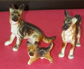 Bone China Miniature German Shepherd Family Dog Figurine Set Of 3.  Japan