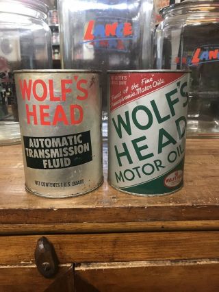 2 Vintage Wolfs Head Oil Cans Sign Standard Sinclair Shell Esso Texaco Mobil Stp