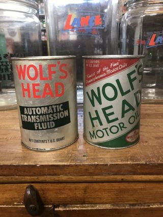 2 VINTAGE WOLFS HEAD OIL CANS Sign Standard Sinclair Shell Esso Texaco Mobil Stp 2