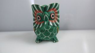 Vintage Wooden Owl Bird Figurine Mexican? Folk Art Hand Painted Carved Green 3