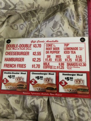 In N Out Burger Laminate Order Menu Sign