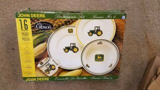 Gibson 16 Piece John Deere Dinnerware Dinner Salad Plates Mugs Bowls Set