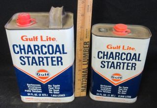 2 Vintage Gulf Oil Gulf Lite Charcoal Starter 64oz & 32oz Metal Tin Cans