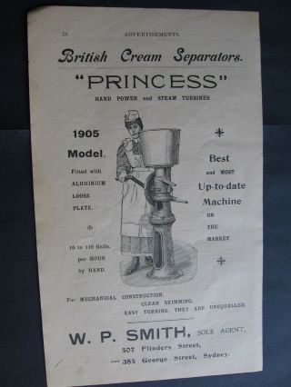 W.  P.  Smith,  507 Flinders St.  Melbourne.  Princess Cream Separator