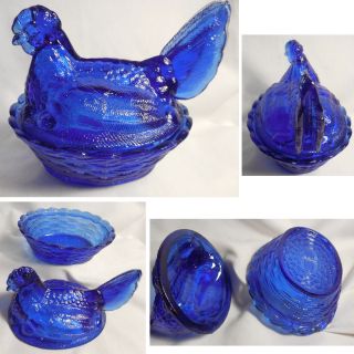 Split Tail Cobalt Blue Glass Hen Chicken On Nest Basket 7 " L X 4 3/4 " W X 5 " H