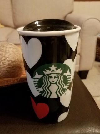 Starbucks Black Red Hearts Ceramic Mug Tumbler With Tag