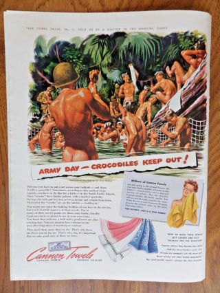 1943 Cannon Towels Ad Ww 2 True Towels Tales No 1 Army Day Crocodiles Keep Out