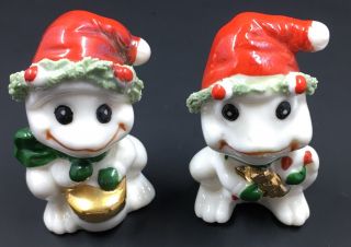 2 Vintage Miniature Santa Frogs White Glaze Red Hats & Gold Accents 2.  5 "