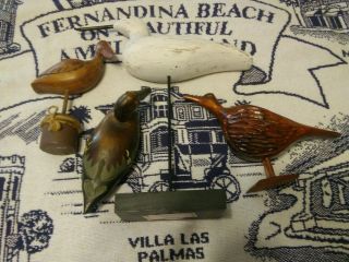 4 Shore Birds Carved Painted Wood Beach Decor White Gull Brown Duck Pelican Hens