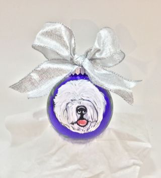 Old English Sheepdog And Sheep 3.  5” Hand Painted Shatter Proof Ornament Purple