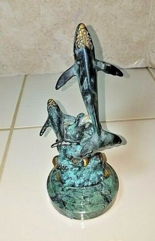 Brass Blue Whale & Calf Statue Sculpture Spi