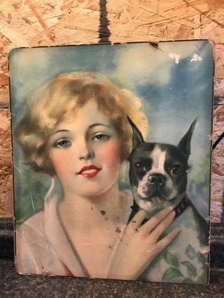 Vintage Color Print Boston Terrier & Girl1920s 30s Paper On Cardboard