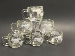 Old Vintage Nestle Nescafe Etched Clear Glass World Globe Map Mugs Cups Set Of 6