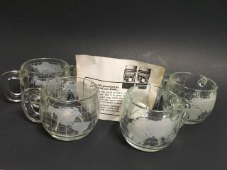 Old Vintage NESTLE NESCAFE Etched Clear Glass World Globe Map Mugs Cups Set of 6 2