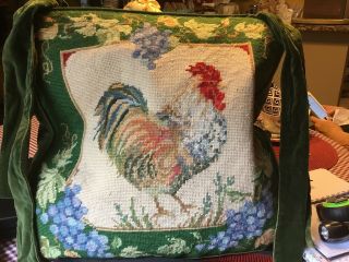 (1) Needlepoint - Chair Cushions - Rooster/grapes Design - Green Velvet Backing - French