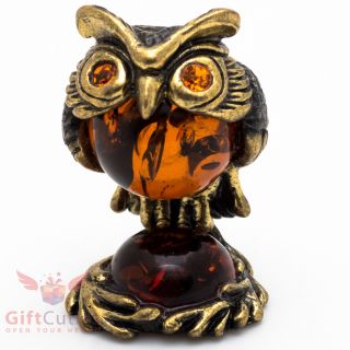 Solid Brass Amber Figurine Of Bird Owl Sitting On A Nest Totem Talisman Ironwork