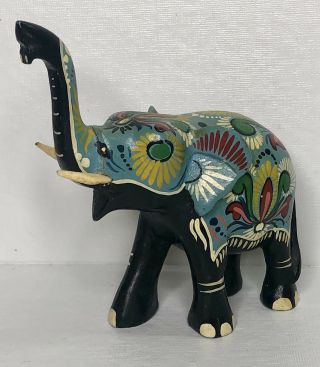 Vintage Old Folk Art Tole Painted Colorful Hand Painted Elephant Statue 4.  5”
