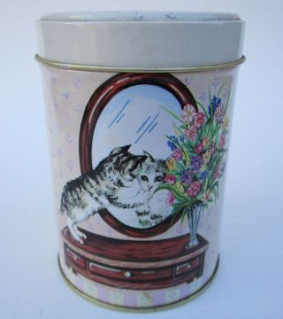 Vtg Metal Tin Box Container Cat Looking In Mirror Pink & White Cylinder