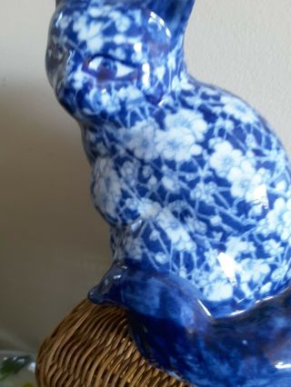 Porcelain Ceramic Blue And White Flowers Sitting Cat Figurine