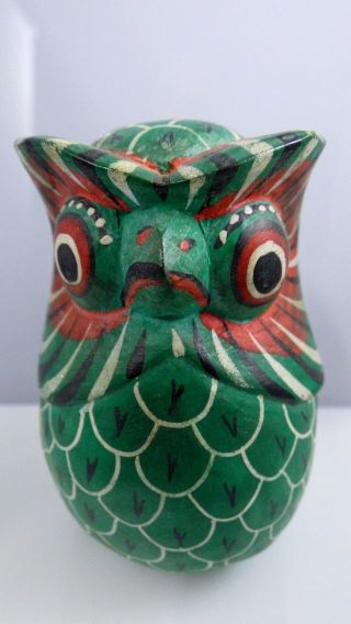 Vintage Wooden Owl Bird Figurine Mexican? Folk Art Hand Painted Carved Green Red